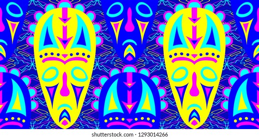 Seamless Folk Pattern. Ethnic Seamless Background with Color Trible Shamanic Masks for Wallpaper, Fabric, Print. Trendy Abstract Back