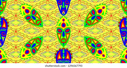 Seamless Folk Pattern. Ethnic Seamless Background with Color Trible Shamanic Masks for Wallpaper, Print, Textile. Vintage Abstract Motif with Colorful Scary Masks for your Design. Vector Texture.