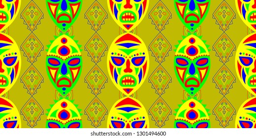 Seamless Folk Pattern. Ethnic Seamless Background with Color Trible Shamanic Masks for Linen, Paper, Tablecloth. Vintage Abstract Motif with Colorful Scary Masks for your Design. Vector Texture.