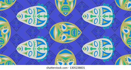 Seamless Folk Pattern. Ethnic Seamless Background with Color Trible Shamanic Masks for Print, Fabric, Textile. Modern Abstract Back