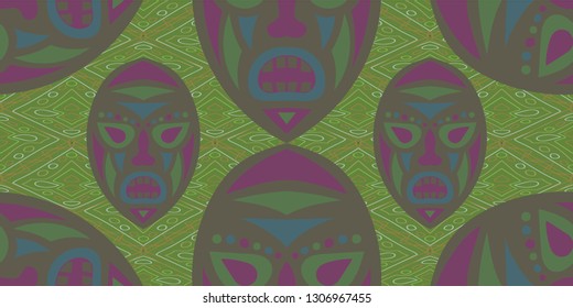 Seamless Folk Pattern. Ethnic Seamless Background with Color Trible Shamanic Masks for Dress, Curtain, Paper. Retro Abstract Back