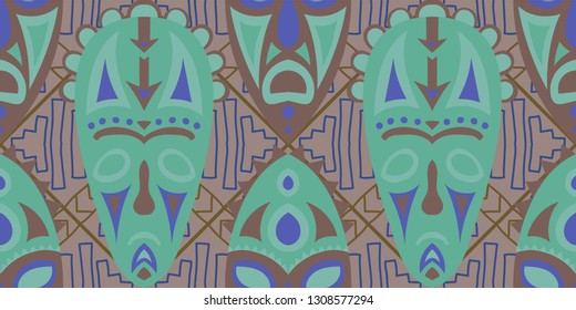 Seamless Folk Pattern. Ethnic Seamless Background with Color Trible Shamanic Masks for Dress, Paper, Tablecloth. Retro Abstract Motif with Colorful Scary Masks for your Design. Vector Texture.