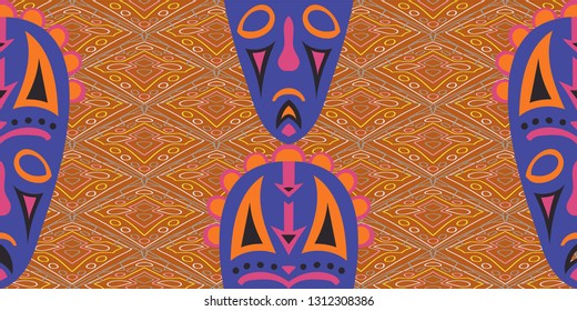 Seamless Folk Pattern. Ethnic Seamless Background with Color Trible Shamanic Masks for Print, Cloth, Textile. Retro Abstract Back