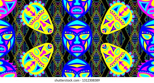 Seamless Folk Pattern. Ethnic Seamless Background with Color Trible Shamanic Masks for Fabric, Cloth, Textile. Modern Abstract Motif with Colorful Scary Masks for your Design. Vector Texture.