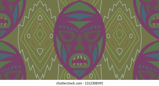 Seamless Folk Pattern. Ethnic Seamless Background with Color Trible Shamanic Masks for Calico, Print, Textile. Retro Folk