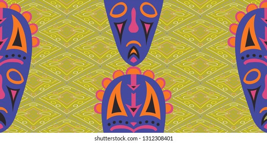 Seamless Folk Pattern. Ethnic Seamless Background with Color Trible Shamanic Masks for Cotton, Print, Calico. Vintage Abstract Motif with Colorful Scary Masks for your Design. Vector Texture.