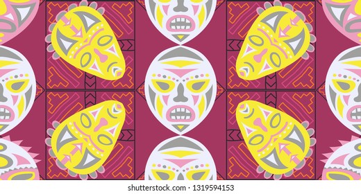 Seamless Folk Pattern. Ethnic Seamless Background with Color Trible Shamanic Masks for Wallpaper, Print, Textile. Vintage Folk