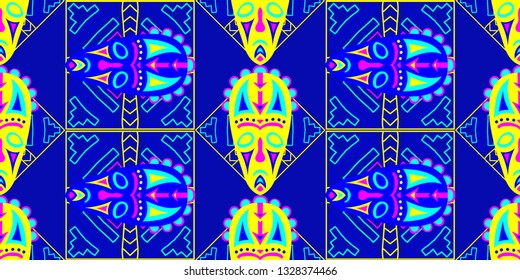 Seamless Folk Pattern. Ethnic Seamless Background with Color Trible Shamanic Masks for Calico, Print, Textile. Trendy Abstract Back