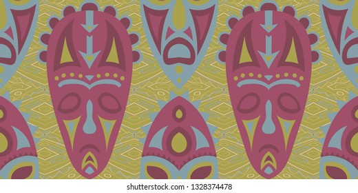 Seamless Folk Pattern. Ethnic Seamless Background with Color Trible Shamanic Masks for Chintz, Curtain, Paper. Vintage Folk