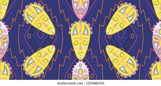 Seamless Folk Pattern. Ethnic Seamless Background with Color Trible Shamanic Masks for Cotton, Calico, Textile. Vintage Folk