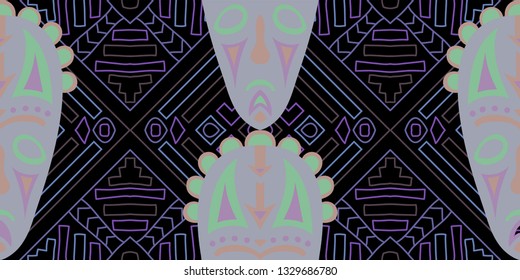 Seamless Folk Pattern. Ethnic Seamless Background with Color Trible Shamanic Masks for Chintz, Linen, Paper. Trendy Folk