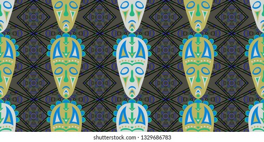 Seamless Folk Pattern. Ethnic Seamless Background with Color Trible Shamanic Masks for Cotton, Print, Calico. Trendy Folk