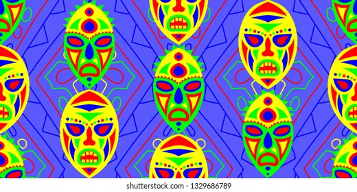 Seamless Folk Pattern. Ethnic Seamless Background with Color Trible Shamanic Masks for Print, Fabric, Cloth. Trendy Abstract Back