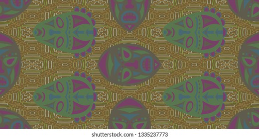 Seamless Folk Pattern. Ethnic Seamless Background with Color Trible Shamanic Masks for Wallpaper, Cotton, Textile. Trendy Abstract Motif with Colorful Scary Masks for your Design. Vector Texture.