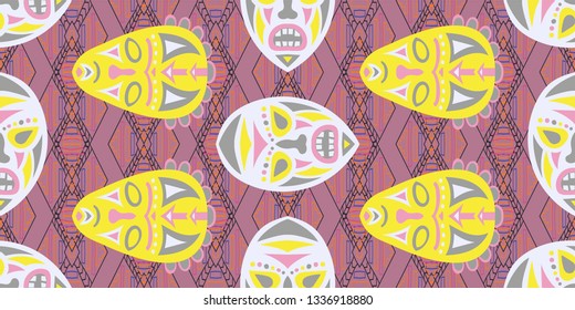 Seamless Folk Pattern. Ethnic Seamless Background with Color Trible Shamanic Masks for Chintz, Curtain, Paper. Modern Abstract Back