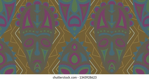 Seamless Folk Pattern. Ethnic Seamless Background with Color Trible Shamanic Masks for Fabric, Cloth, Textile. Vintage Abstract Back