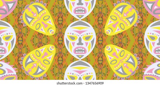 Seamless Folk Pattern. Ethnic Seamless Background with Color Trible Shamanic Masks for Print, Fabric, Cloth. Modern Folk