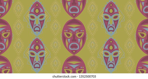 Seamless Folk Pattern. Ethnic Seamless Background with Color Trible Shamanic Masks for Print, Fabric, Textile. Retro Abstract Motif with Colorful Scary Masks for your Design. Vector Texture.