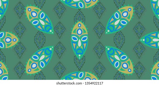 Seamless Folk Pattern. Ethnic Seamless Background with Color Trible Shamanic Masks for Cotton, Calico, Textile. Modern Folk
