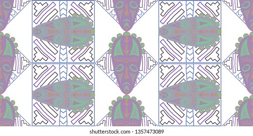 Seamless Folk Pattern. Ethnic Seamless Background with Color Trible Shamanic Masks for Calico, Print, Textile. Vintage Abstract Motif with Colorful Scary Masks for your Design. Vector Texture.