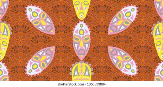 Seamless Folk Pattern. Ethnic Seamless Background with Color Trible Shamanic Masks for Print, Cloth, Fabric. Trendy Abstract Back