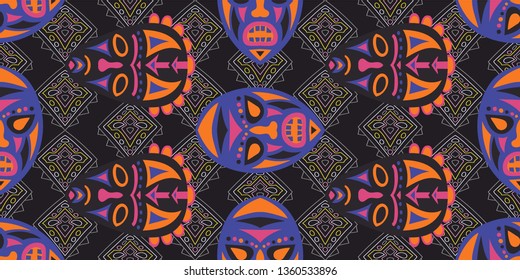 Seamless Folk Pattern. Ethnic Seamless Background with Color Trible Shamanic Masks for Wallpaper, Print, Cotton. Modern Abstract Back