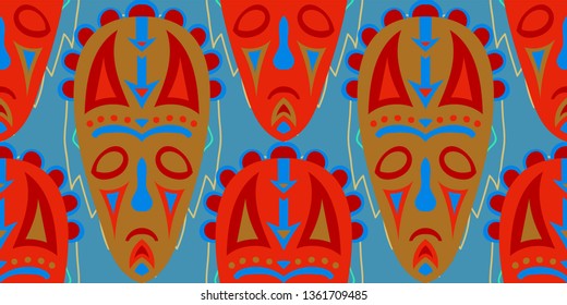 Seamless Folk Pattern. Ethnic Seamless Background with Color Trible Shamanic Masks for Print, Cloth, Textile. Trendy Abstract Motif with Colorful Scary Masks for your Design. Vector Texture.