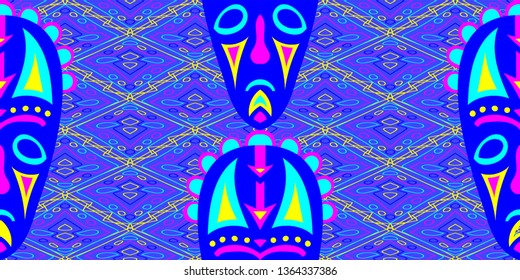 Seamless Folk Pattern. Ethnic Seamless Background with Color Trible Shamanic Masks for Dress, Paper, Tablecloth. Modern Folk