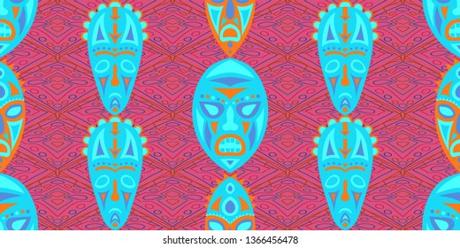 Seamless Folk Pattern. Ethnic Seamless Background with Color Trible Shamanic Masks for Print, Cloth, Textile. Retro Folk