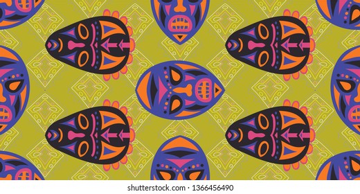 Seamless Folk Pattern. Ethnic Seamless Background with Color Trible Shamanic Masks for Print, Fabric, Textile.  Modern Folk