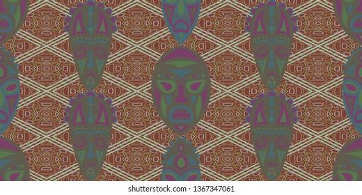 Seamless Folk Pattern. Ethnic Seamless Background with Color Trible Shamanic Masks for Chintz, Linen, Wallpaper. Trendy Folk