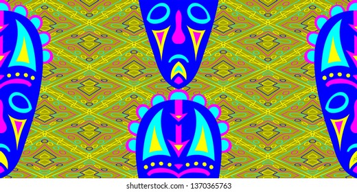 Seamless Folk Pattern. Ethnic Seamless Background with Color Trible Shamanic Masks for Dress, Curtain, Paper. Modern Abstract Motif with Colorful Scary Masks for your Design. Vector Texture.