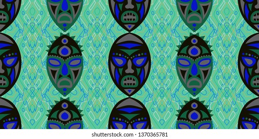 Seamless Folk Pattern. Ethnic Seamless Background with Color Trible Shamanic Masks for Dress, Paper, Tablecloth. Retro Abstract Motif with Colorful Scary Masks for your Design. Vector Texture.