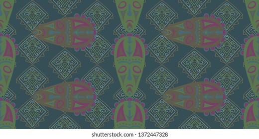Seamless Folk Pattern. Ethnic Seamless Background with Color Trible Shamanic Masks for Linen, Paper, Tablecloth. Vintage Abstract Motif with Colorful Scary Masks for your Design. Vector Texture.