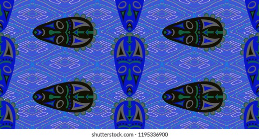 Seamless Folk Pattern. Ethnic Seamless Pattern with Color Trible Ritual Masks for Cotton, Calico, Textile. Retro Folk
