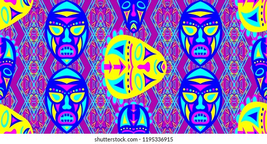 Seamless Folk Pattern. Ethnic Seamless Pattern with Color Trible Ritual Masks for Cotton, Calico, Textile. Modern Folk