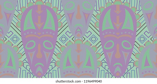 Seamless Folk Pattern. Ethnic Seamless Pattern with Color Trible Ritual Masks for Cotton, Calico, Textile. Trendy Folk
