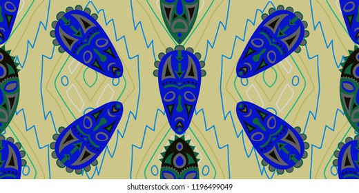 Seamless Folk Pattern. Ethnic Seamless Pattern with Color Trible Ritual Masks for Dress, Paper, Tablecloth. Trendy Abstract Motif with Colorful Scary Masks for your Design. Vector Texture.