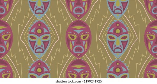 Seamless Folk Pattern. Ethnic Seamless Pattern with Color Trible Ritual Masks for Calico, Print, Textile. Vintage Abstract Motif with Colorful Scary Masks for your Design. Vector Texture.