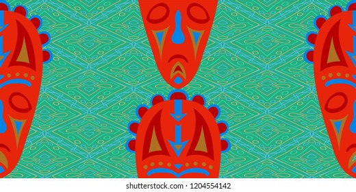 Seamless Folk Pattern. Ethnic Seamless Pattern with Color Trible Ritual Masks for Dress, Paper, Tablecloth. Vintage Abstract Back