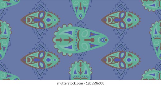 Seamless Folk Pattern. Ethnic Seamless Pattern with Color Trible Ritual Masks for Fabric, Cloth, Textile. Modern Abstract Back