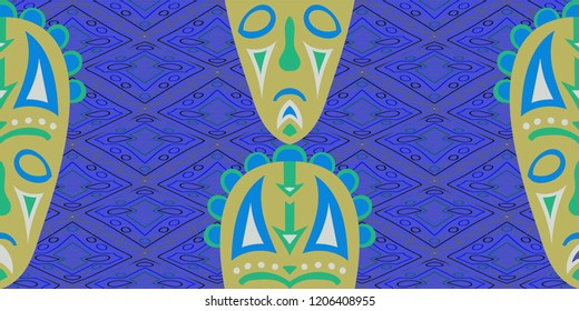 Seamless Folk Pattern. Ethnic Seamless Pattern with Color Trible Ritual Masks for Chintz, Linen, Paper. Modern Abstract Motif with Colorful Scary Masks for your Design. Vector Texture.