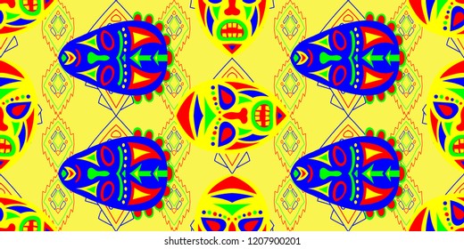 Seamless Folk Pattern. Ethnic Seamless Pattern with Color Trible Ritual Masks for Cotton, Print, Calico. Trendy Folk