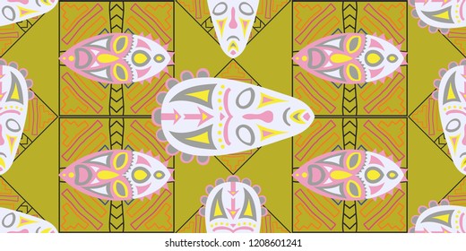 Seamless Folk Pattern. Ethnic Seamless Pattern with Color Trible Ritual Masks for Calico, Print, Textile. Trendy Abstract Motif with Colorful Scary Masks for your Design. Vector Texture.