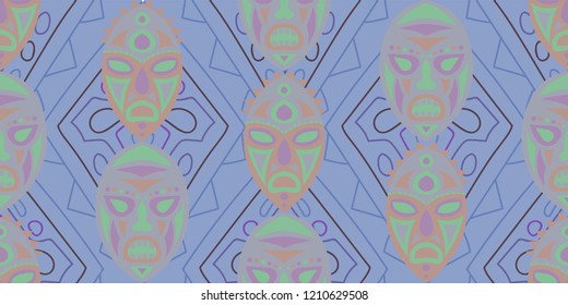Seamless Folk Pattern. Ethnic Seamless Pattern with Color Trible Ritual Masks for Wallpaper, Cotton, Textile. Vintage Folk