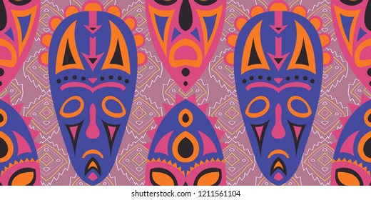 Seamless Folk Pattern. Ethnic Seamless Pattern with Color Trible Ritual Masks for Print, Fabric, Cloth. Vintage Abstract Back