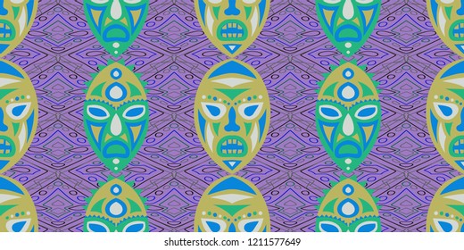 Seamless Folk Pattern. Ethnic Seamless Pattern with Color Trible Ritual Masks for Wallpaper, Fabric, Print. Retro Folk