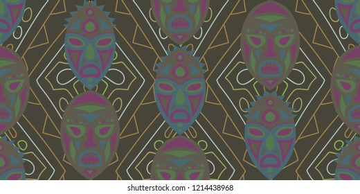 Seamless Folk Pattern. Ethnic Seamless Pattern with Color Trible Ritual Masks for Dress, Curtain, Paper. Retro Abstract Back