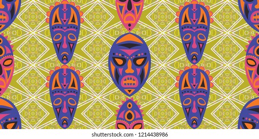 Seamless Folk Pattern. Ethnic Seamless Pattern with Color Trible Ritual Masks for Wallpaper, Fabric, Textile. Retro Abstract Motif with Colorful Scary Masks for your Design. Vector Texture.