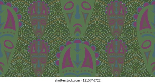 Seamless Folk Pattern. Ethnic Seamless Pattern with Color Trible Ritual Masks for Print, Fabric, Textile.  Trendy Abstract Back